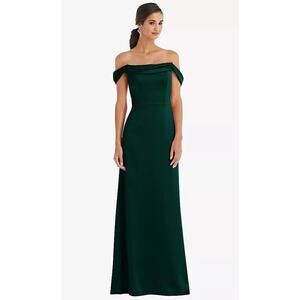 2798NWT Dessy Collection 3079 Draped Pleat Off-the-Shoulder Maxi Dress Evergreen
